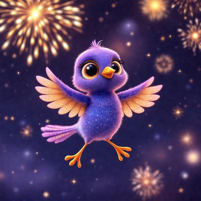 The primary subject of the image is a small, colorful bird with a purple body and blue wings. The bird is flying in the air, surrounded by a night sky filled with stars. The setting appears to be a dark, starry night, creating a serene and peaceful atmosphere. The visual style of the image is a combination of digital art and illustration, giving it a vibrant and lively appearance.